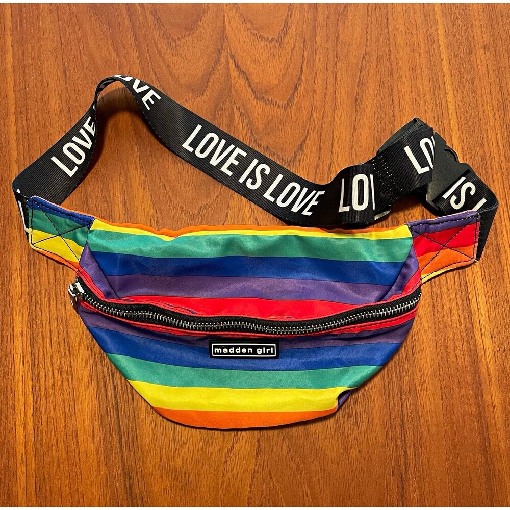 Madden Girl Rainbow Stripe Waist Pack Fanny Pack "LOVE IS LOVE" Pride LGBTQ